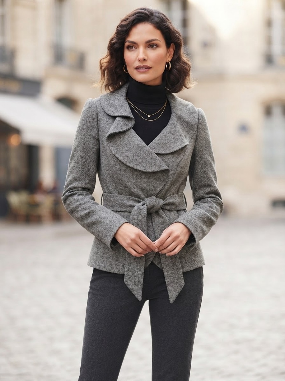 VTG Y2K The Limited Gray Ruffle-Collar Belted Jacket Blazer Wool Blend